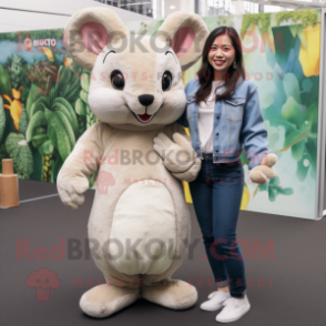 Tan Chinchilla mascot costume character dressed with a Mom Jeans and Foot pads