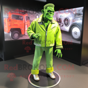 Lime Green Frankenstein mascot costume character dressed with a Moto Jacket and Shoe clips