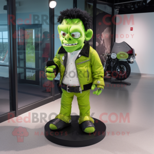 Lime Green Frankenstein mascot costume character dressed with a Moto Jacket and Shoe clips
