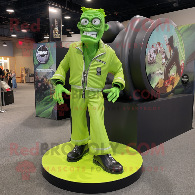 Lime Green Frankenstein mascot costume character dressed with a Moto Jacket and Shoe clips