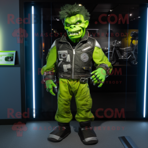 Lime Green Frankenstein mascot costume character dressed with a Moto Jacket and Shoe clips