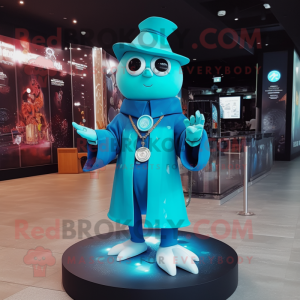 Cyan Hourglass mascot costume character dressed with a Coat and Anklets