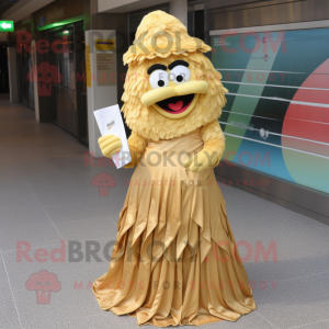 Gold Aglet mascot costume character dressed with a Maxi Skirt and Clutch bags