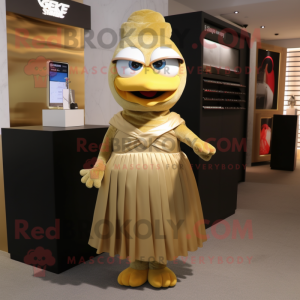 Gold Aglet mascot costume character dressed with a Maxi Skirt and Clutch bags