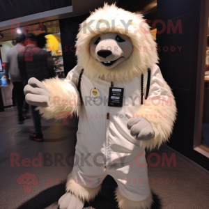 Cream Sloth Bear mascot costume character dressed with a Windbreaker and Hairpins