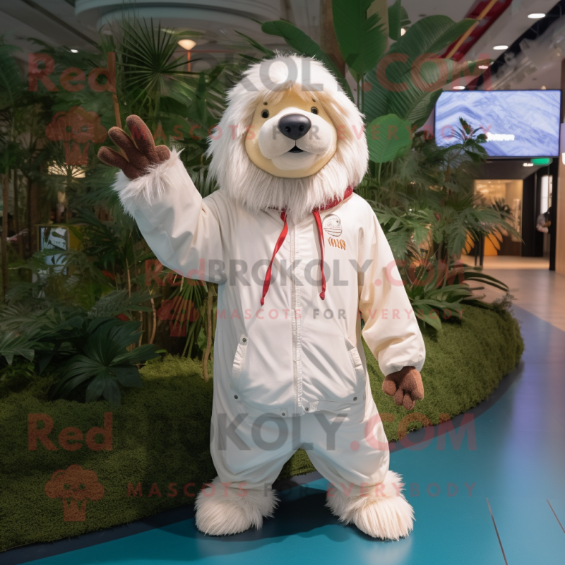 Cream Sloth Bear mascot costume character dressed with a Windbreaker and Hairpins Cream Sloth Bear mascot costume character dressed with a Windbreaker and Hairpins