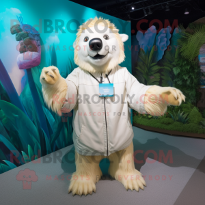 Cream Sloth Bear mascot costume character dressed with a Windbreaker and Hairpins