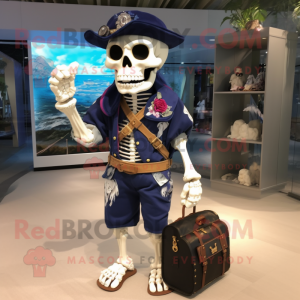 Navy Skull mascot costume character dressed with a Bermuda Shorts and Handbags