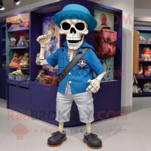 Navy Skull mascot costume character dressed with a Bermuda Shorts and Handbags