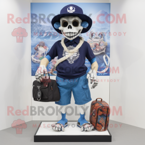 Navy Skull mascot costume character dressed with a Bermuda Shorts and Handbags