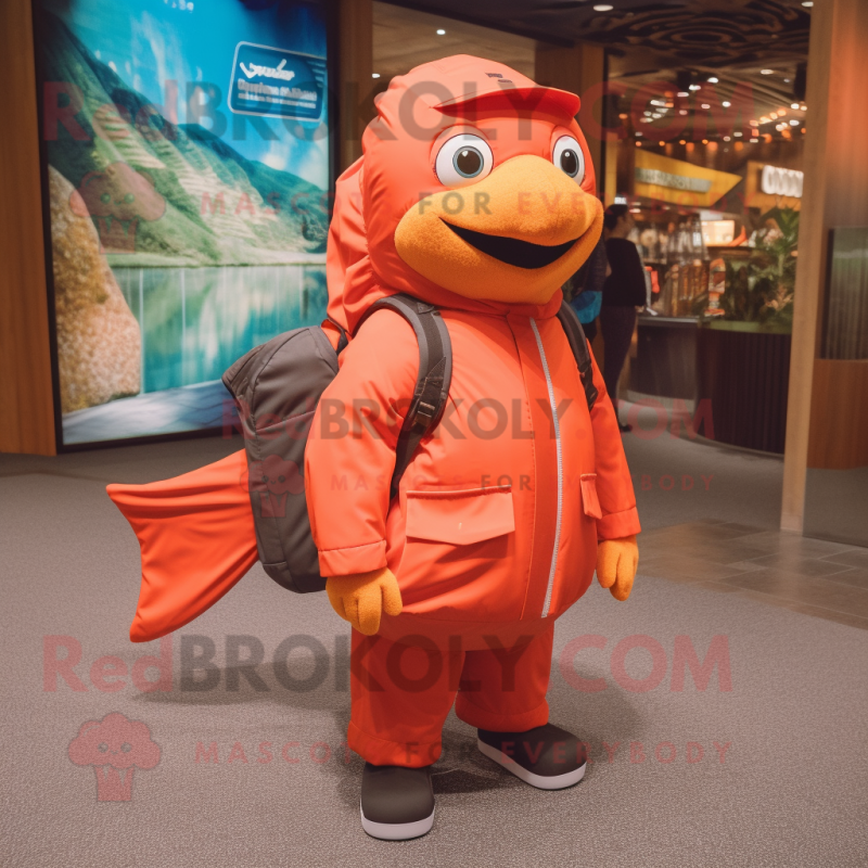 Rust Salmon mascot costume character dressed with a Raincoat and Backpacks