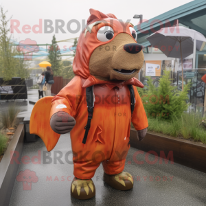 Rust Salmon mascot costume character dressed with a Raincoat and Backpacks