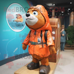 Rust Salmon mascot costume character dressed with a Raincoat and Backpacks