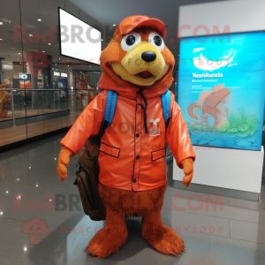 Rust Salmon mascot costume character dressed with a Raincoat and Backpacks