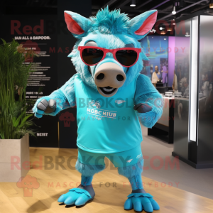 Turquoise Wild Boar mascot costume character dressed with a Running Shorts and Sunglasses