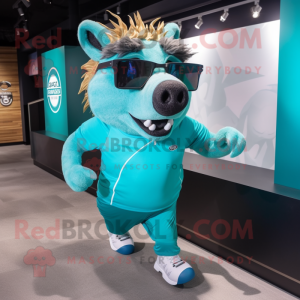 Turquoise Wild Boar mascot costume character dressed with a Running Shorts and Sunglasses