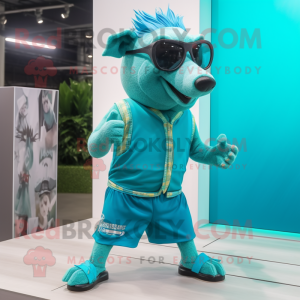 Turquoise Wild Boar mascot costume character dressed with a Running Shorts and Sunglasses