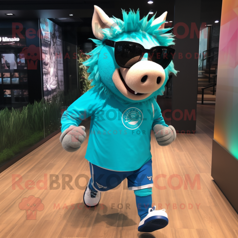 Turquoise Wild Boar mascot costume character dressed with a Running Shorts and Sunglasses