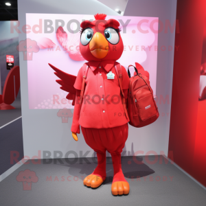 Red Dove mascot costume character dressed with a Sheath Dress and Backpacks