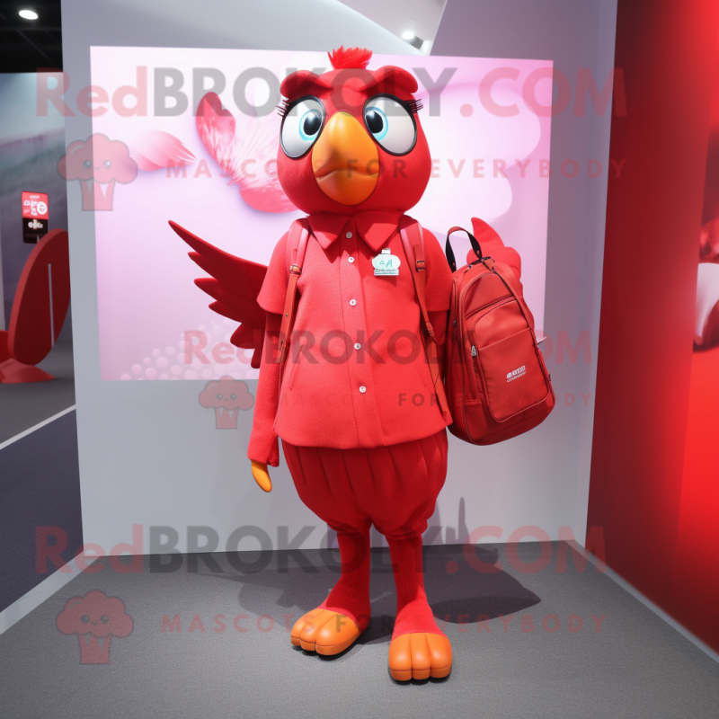 Red Dove mascot costume character dressed with a Sheath Dress and Backpacks Red Dove mascot costume character dressed with a Sheath Dress and Backpacks