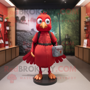 Red Dove mascot costume character dressed with a Sheath Dress and Backpacks