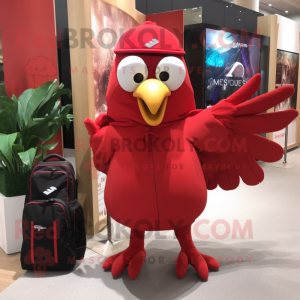 Red Dove mascot costume character dressed with a Sheath Dress and Backpacks
