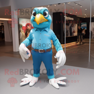 Cyan Falcon mascot costume character dressed with a Skinny Jeans and Cufflinks