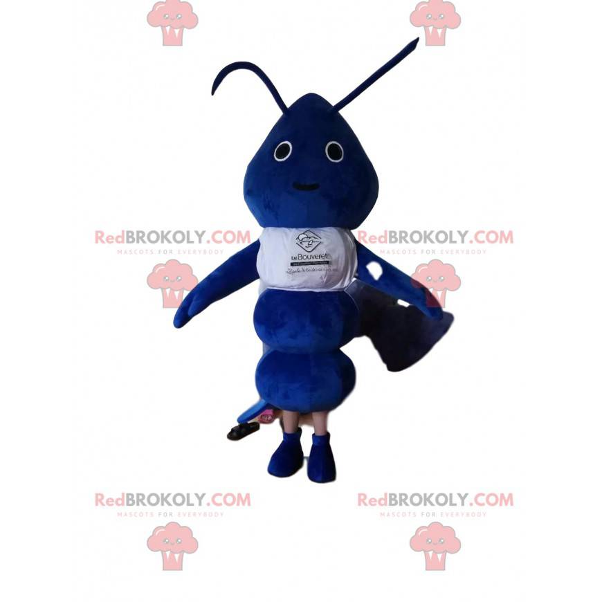 Mascotte de petite fourmi bleue avec un maillot blanc -