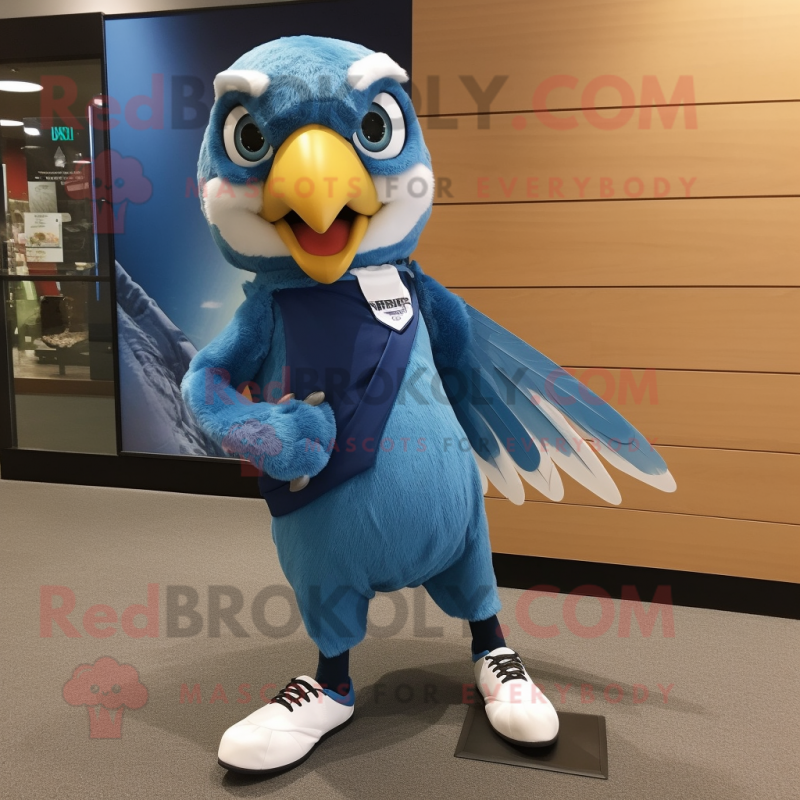 Blue Falcon mascot costume character dressed with a A-Line Skirt and Shoe laces