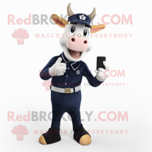 Navy Jersey Cow mascot costume character dressed with a Sheath Dress and Wallets