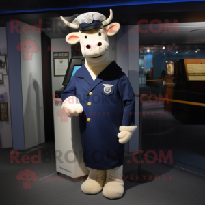 Navy Jersey Cow mascot costume character dressed with a Sheath Dress and Wallets