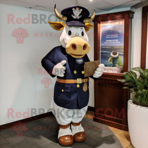Navy Jersey Cow mascot costume character dressed with a Sheath Dress and Wallets