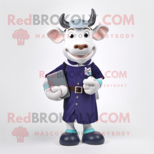 Navy Jersey Cow mascot costume character dressed with a Sheath Dress and Wallets