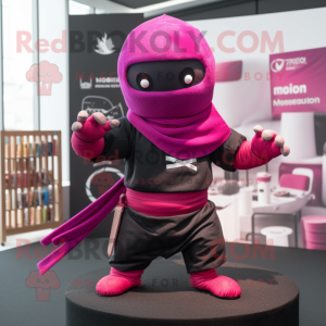 Magenta Ninja mascot costume character dressed with a Rugby Shirt and Scarves