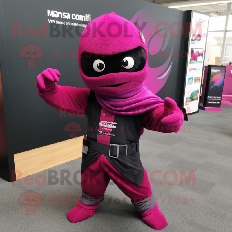 Magenta Ninja mascot costume character dressed with a Rugby Shirt and Scarves