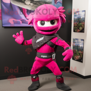 Magenta Ninja mascot costume character dressed with a Rugby Shirt and Scarves