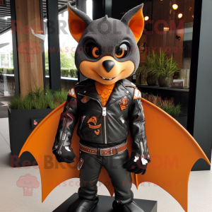 Orange Bat mascot costume character dressed with a Biker Jacket and Lapel pins