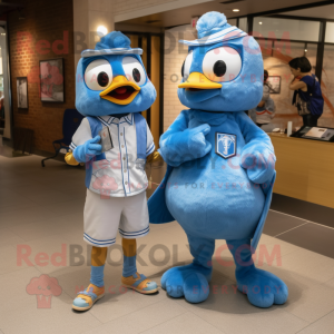 Sky Blue Hens mascot costume character dressed with a Chinos and Watches