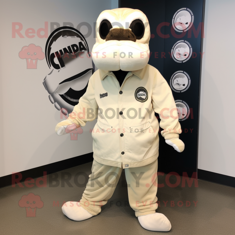 Cream Titanoboa mascot costume character dressed with a Bomber Jacket and Shoe clips