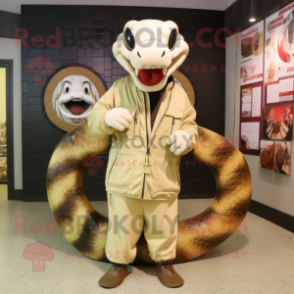 Cream Titanoboa mascot costume character dressed with a Bomber Jacket and Shoe clips