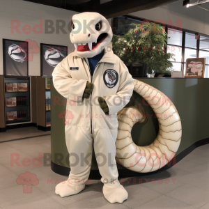 Cream Titanoboa mascot costume character dressed with a Bomber Jacket and Shoe clips