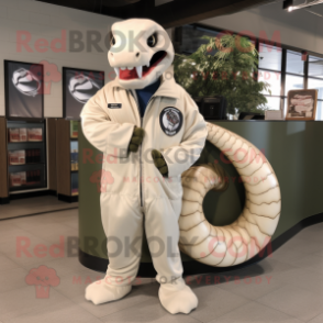 Cream Titanoboa mascot costume character dressed with a Bomber Jacket and Shoe clips