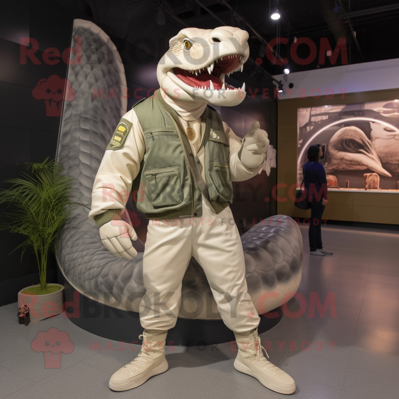 Cream Titanoboa mascot costume character dressed with a Bomber Jacket and Shoe clips Cream Titanoboa mascot costume character dressed with a Bomber Jacket and Shoe clips