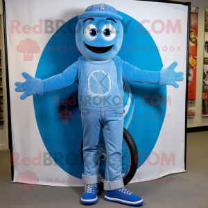 Blue Unicyclist mascot costume character dressed with a Boyfriend Jeans and Bracelets