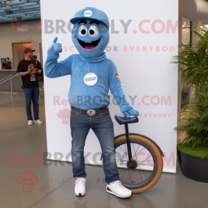 Blue Unicyclist mascot costume character dressed with a Boyfriend Jeans and Bracelets