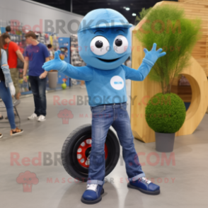 Blue Unicyclist mascot costume character dressed with a Boyfriend Jeans and Bracelets
