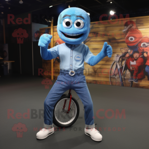 Blue Unicyclist mascot costume character dressed with a Boyfriend Jeans and Bracelets