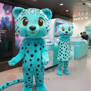 Cyan Leopard mascot costume character dressed with a Shift Dress and Hairpins