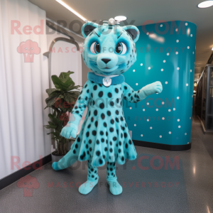 Cyan Leopard mascot costume character dressed with a Shift Dress and Hairpins
