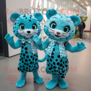 Cyan Leopard mascot costume character dressed with a Shift Dress and Hairpins